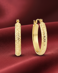 14k Yellow Gold X Pattern Diamond-Cut Oval Hoop Earrings