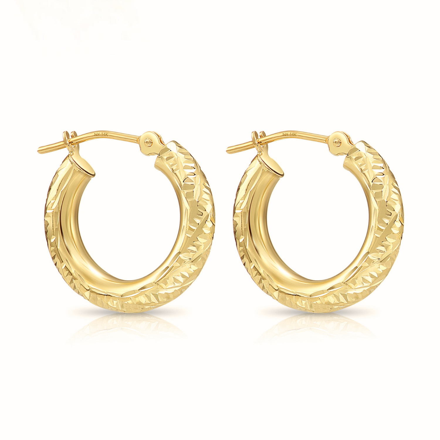 14K Yellow Gold Tornado Hoop Earrings, Diamond-Cut &amp; Hand Engraved Design, 3mm Thin
