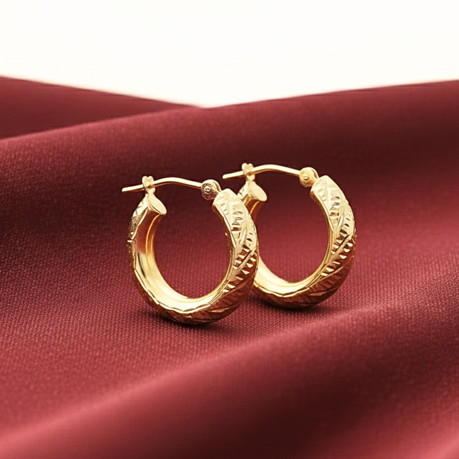 14K Yellow Gold Tornado Hoop Earrings, Diamond-Cut &amp; Hand Engraved Design, 3mm Thin