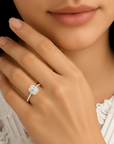 14K Yellow Gold Emerald-Cut Halo Engagement Ring With Side Stones