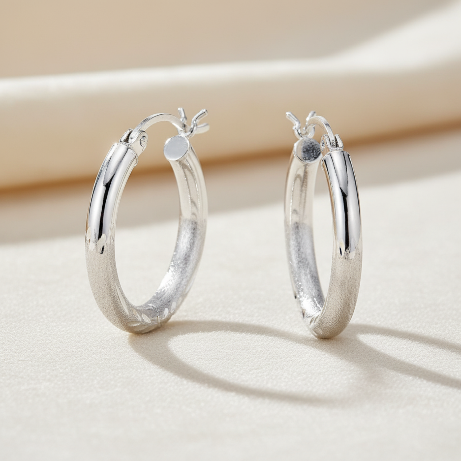 Sterling Silver Round Hoop Earrings, Floral Diamond-Cut Design