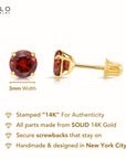 14K Yellow Gold Birthstone Stud Earrings, Screw-back, 3mm
