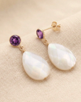 14K Gold Natural Purple Amethyst, With Mother Of Pearl Drop Earrings