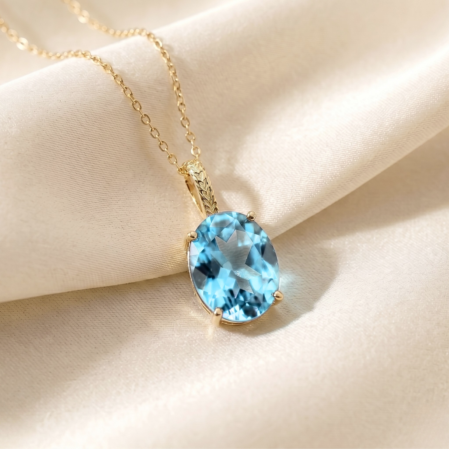 14k Yellow Gold Topaz Necklace, Brilliant Sky Blue 6 Carat Oval Shaped Topaz Gemstone Pendant