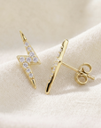 Sterling Silver Gold Plated Lightning Bolt CZ Stud Earrings, Pushback