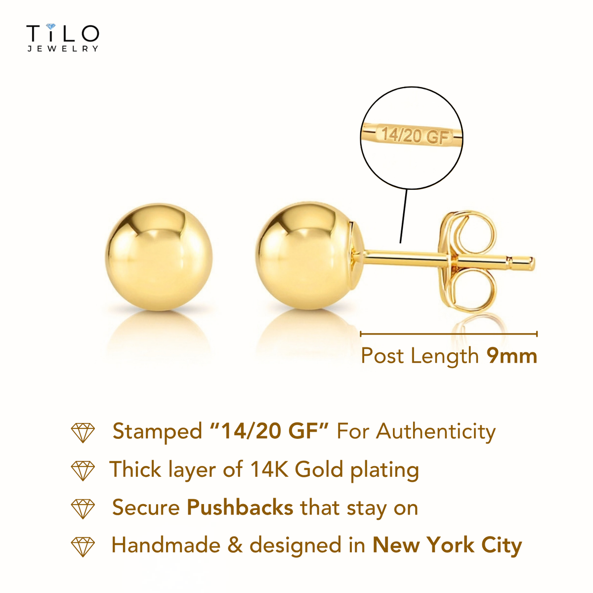 14K Gold Filled High Polished Round Ball Studs, Pushback