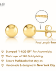 14K Gold Filled High Polished Round Ball Studs, Pushback