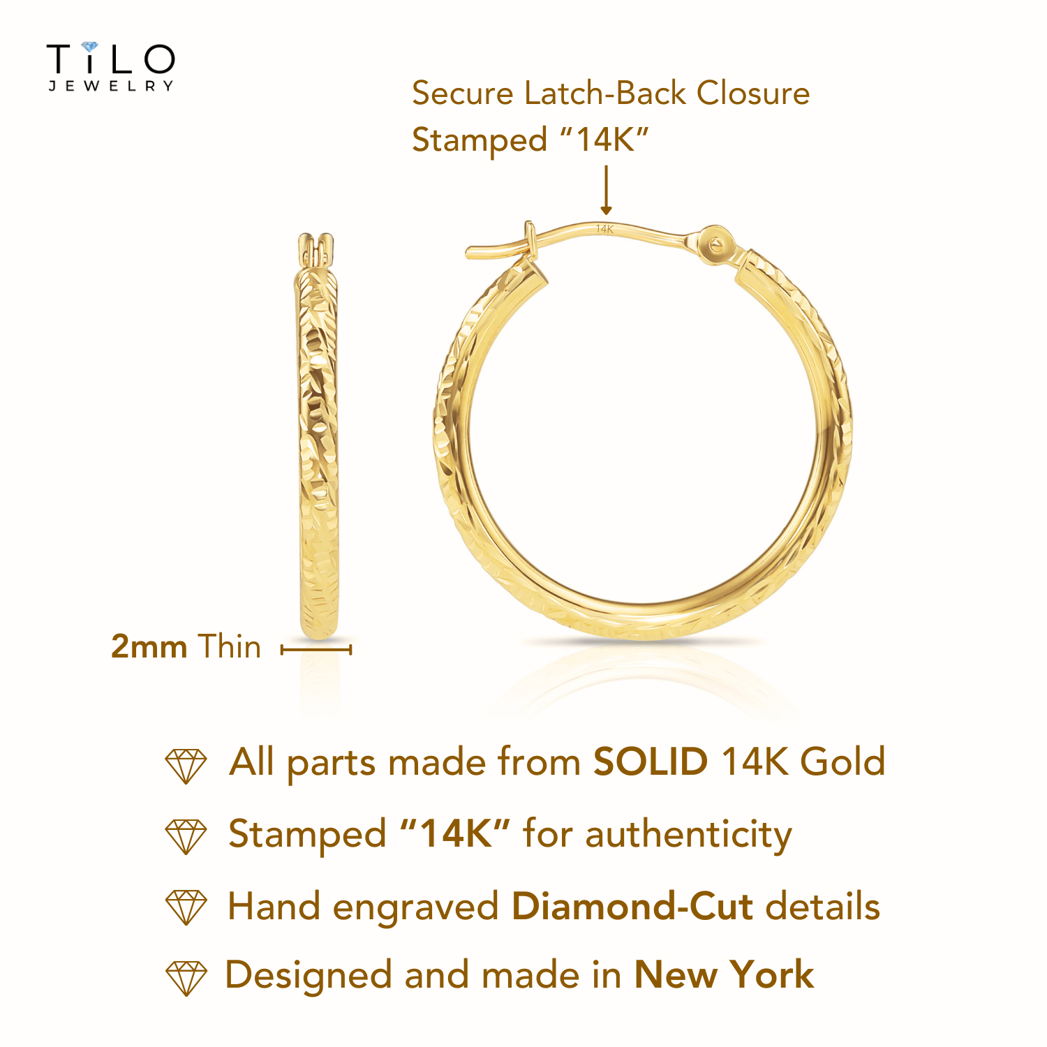 14K Yellow Gold Hoop Earrings with Hand Engraved Tornado Design, 2mm Thin, All Sizes