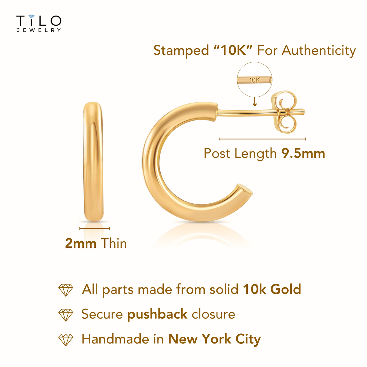 10K Yellow Gold Half Huggie Hoop Earrings, With Secure Pushbacks