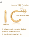 10K Yellow Gold Half Huggie Hoop Earrings, With Secure Pushbacks