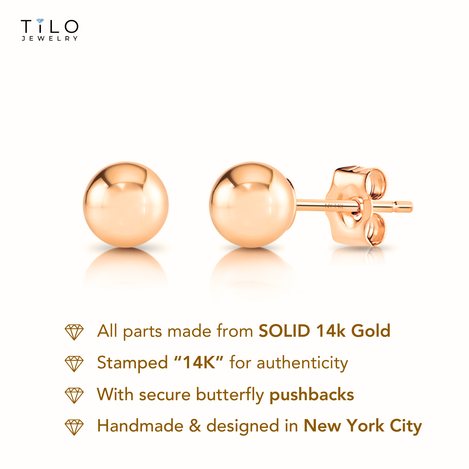 14k Rose Gold Ball Stud Earrings with Butterfly Pushbacks