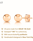 14k Rose Gold Ball Stud Earrings with Butterfly Pushbacks