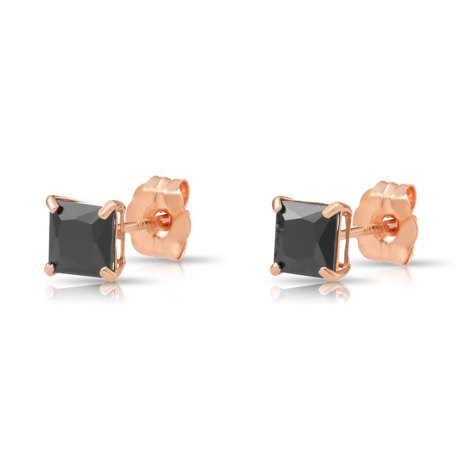 14K Gold Black Onyx Square CZ Studs, Princess-Cut Earrings With
