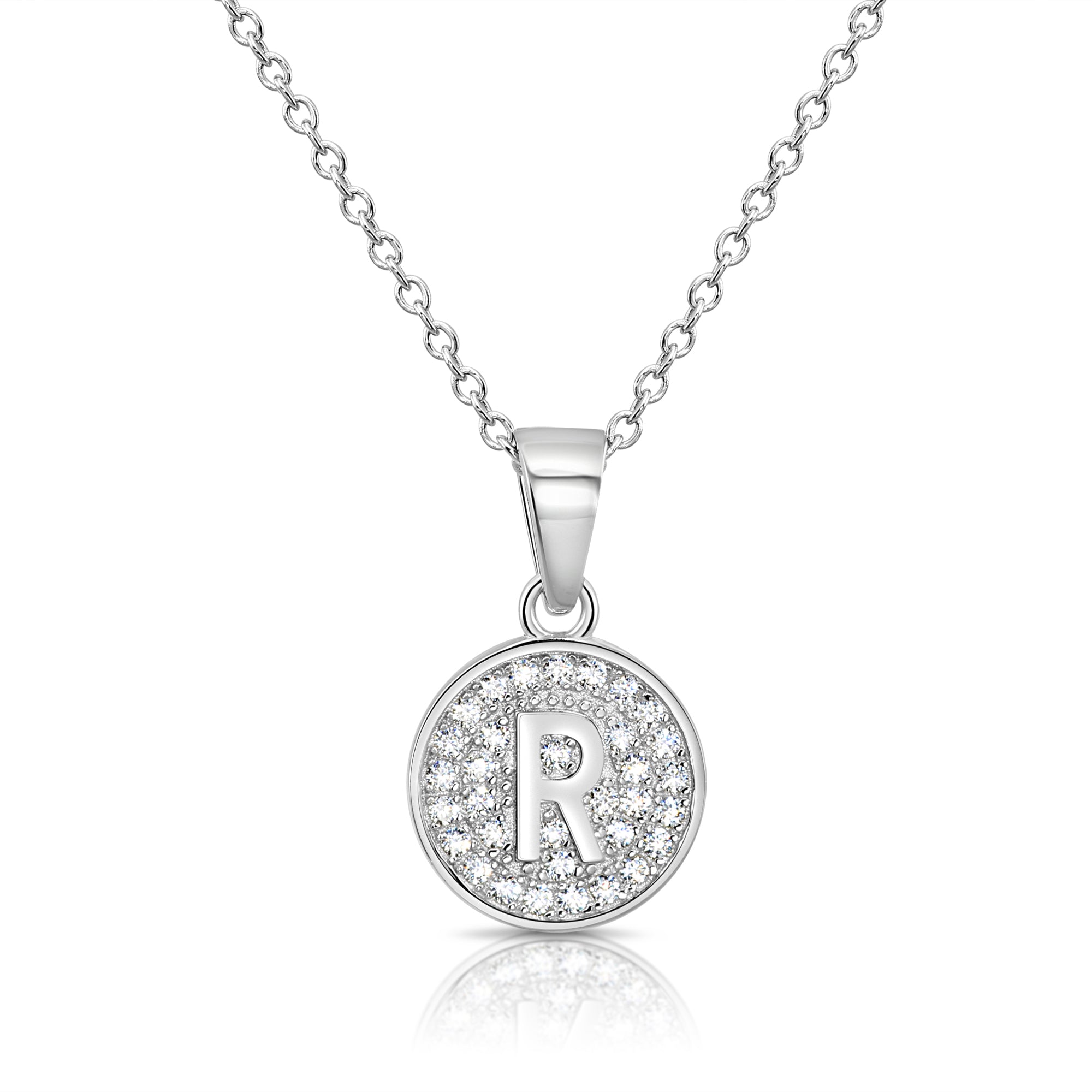 CZ Initial Round Charm Necklace (Letters A-Z) 16&quot; 18&quot; in Sterling Silver