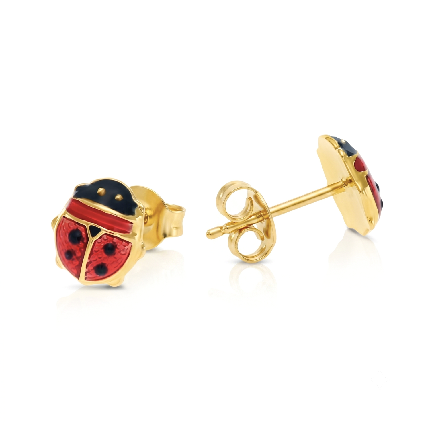 14K Yellow Gold Red Ladybug Studs, Pushback
