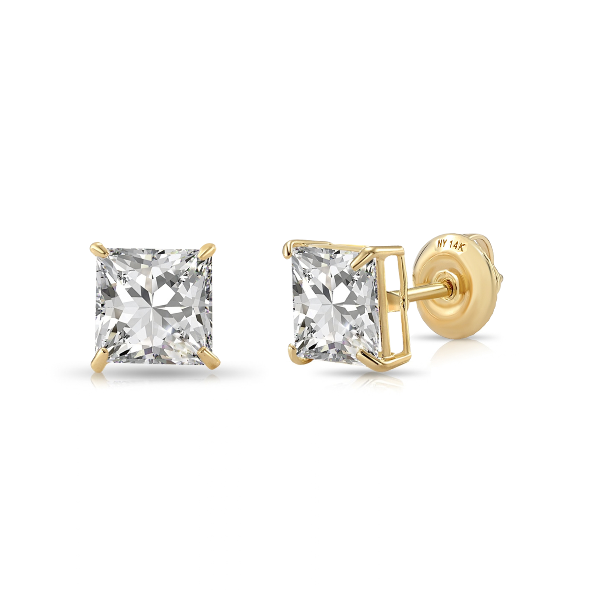 14K Gold Lab Diamond Princess-Cut Stud Earrings, 2ctw, With Secure Screwbacks