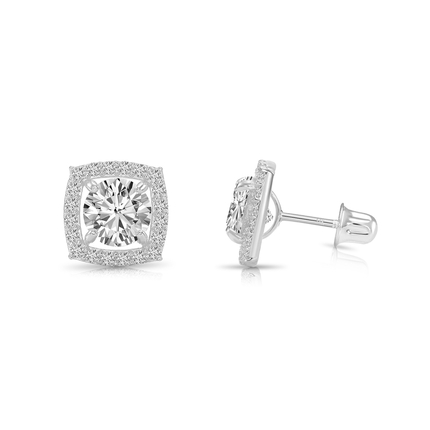 14K White Gold Halo CZ Stud Earrings, Screwback