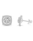 14K White Gold Halo CZ Stud Earrings, Screwback