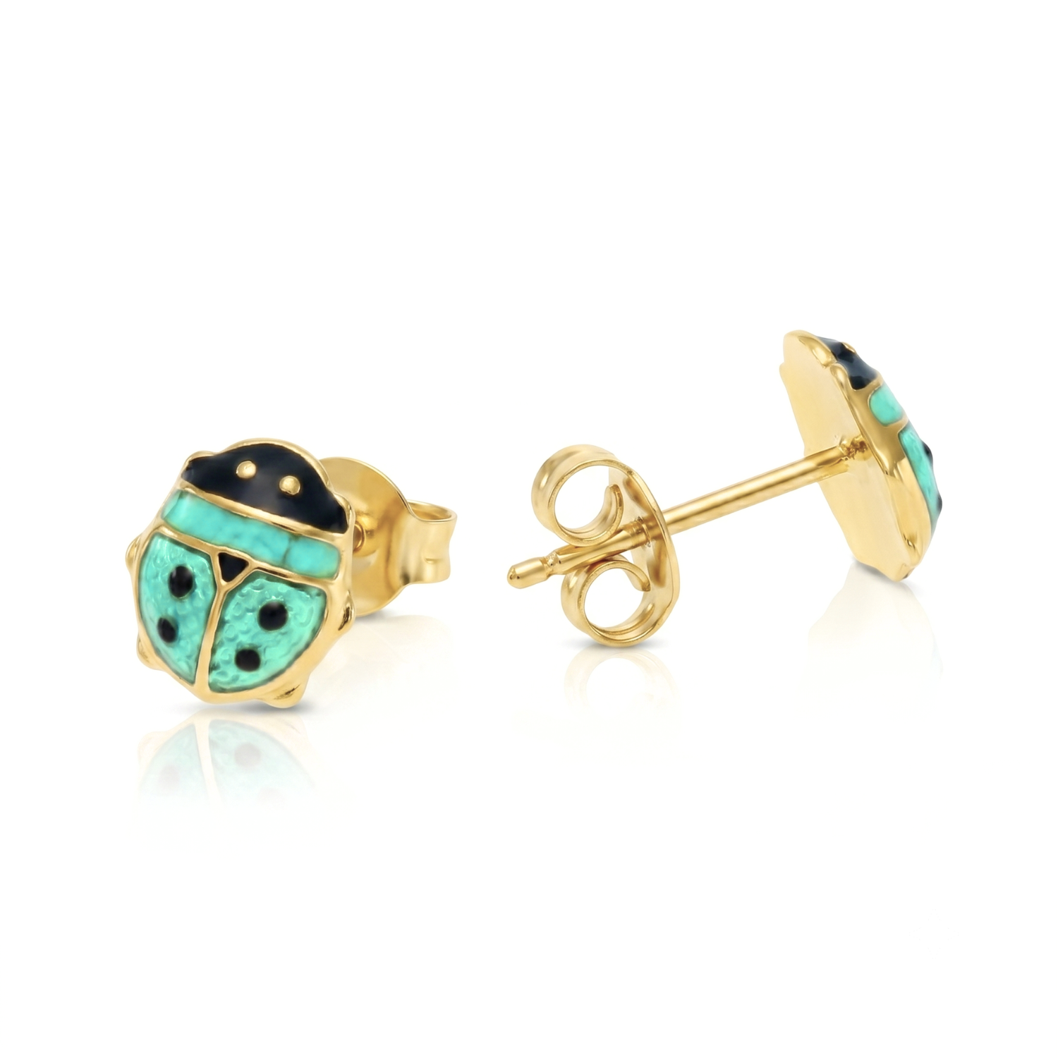 14K Yellow Gold Turquoise Ladybug Studs, Pushback