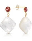 14K Gold Natural Red Garnet, With Mother Of Pearl Drop Earrings