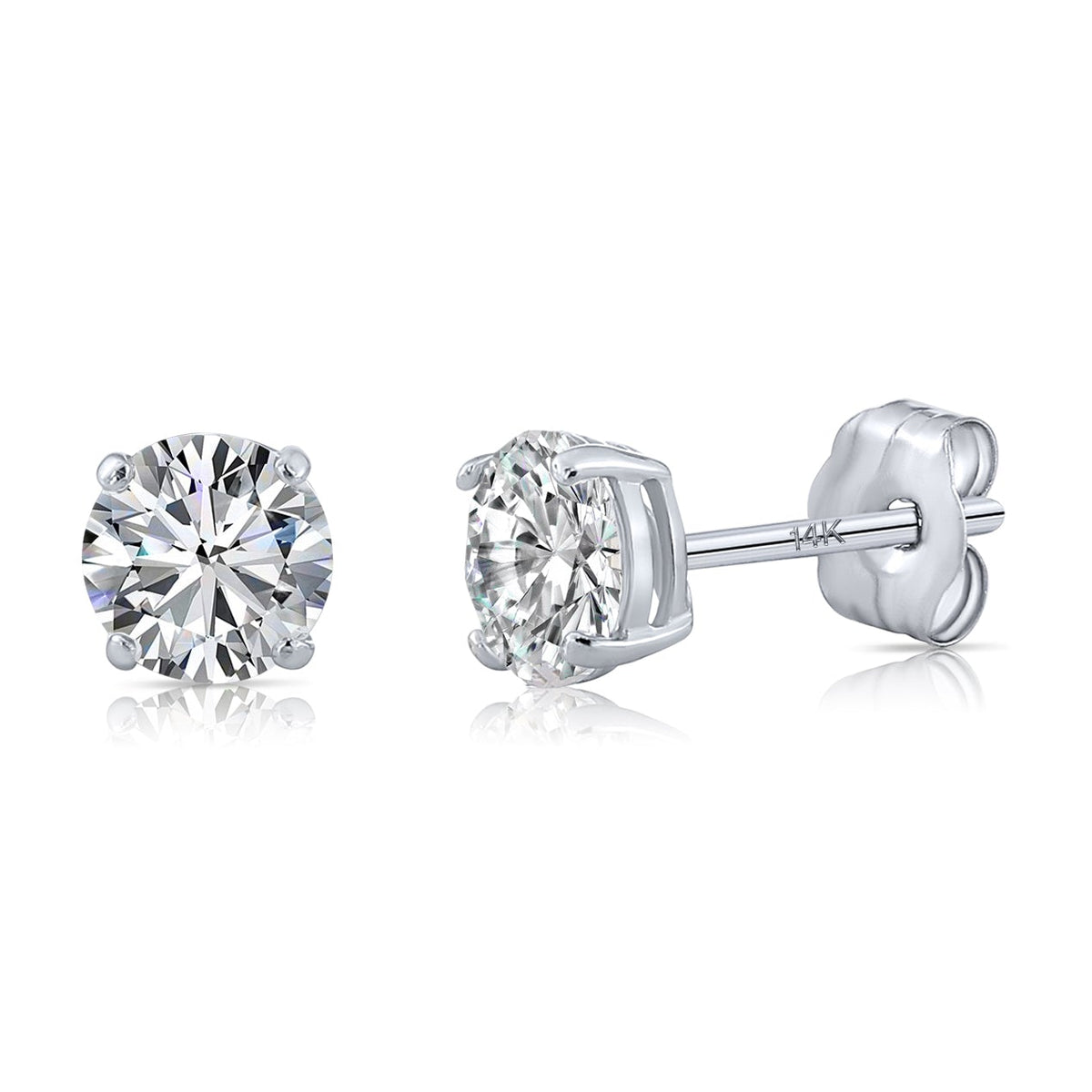 14k White Gold Classic Solitaire Cubic Zirconia Stud Earrings, Pushback