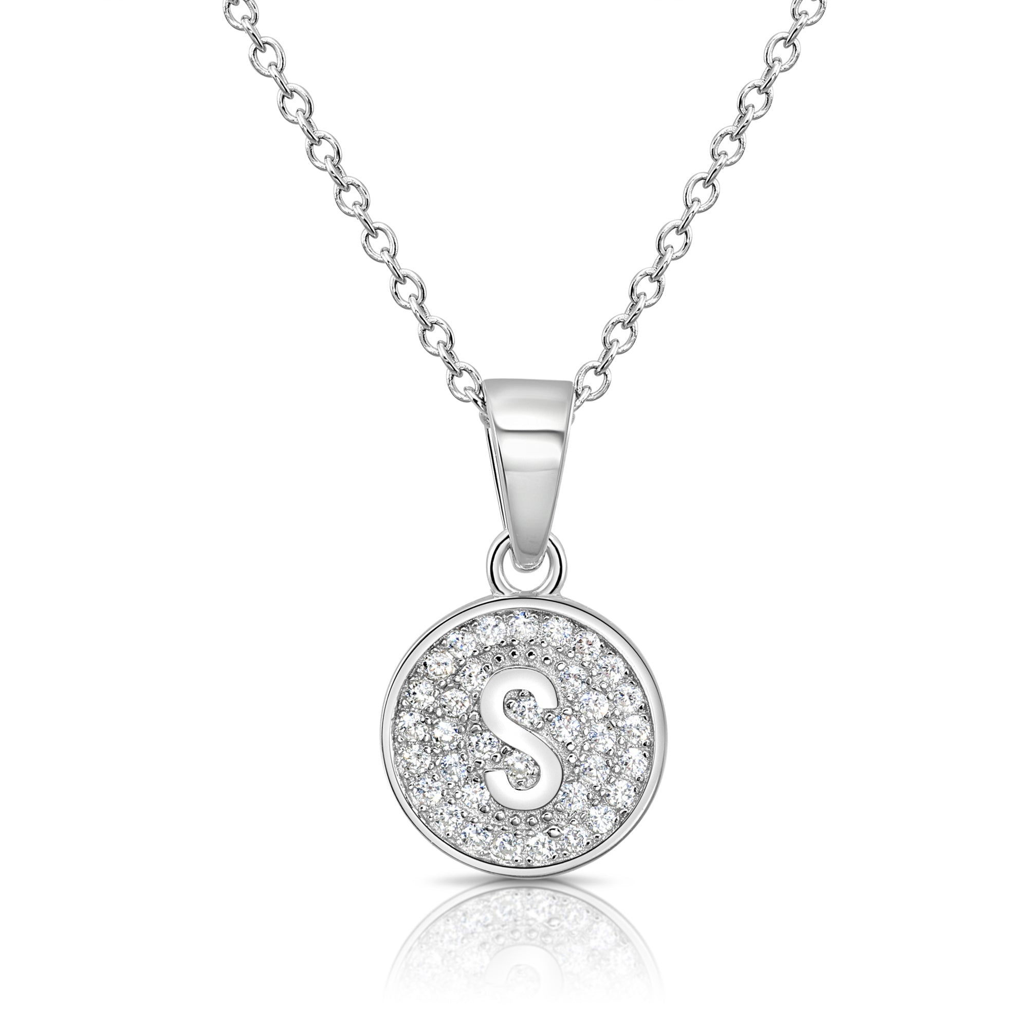 CZ Initial Round Charm Necklace (Letters A-Z) 16&quot; 18&quot; in Sterling Silver