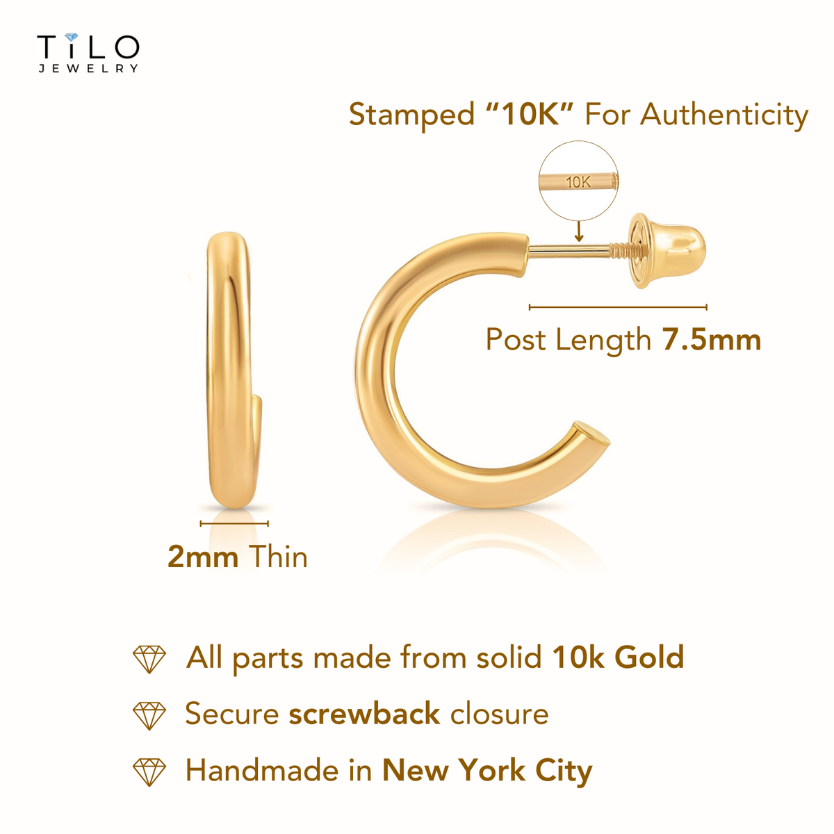 10K Yellow Gold Half Huggie Hoop Earrings, With Screwbacks