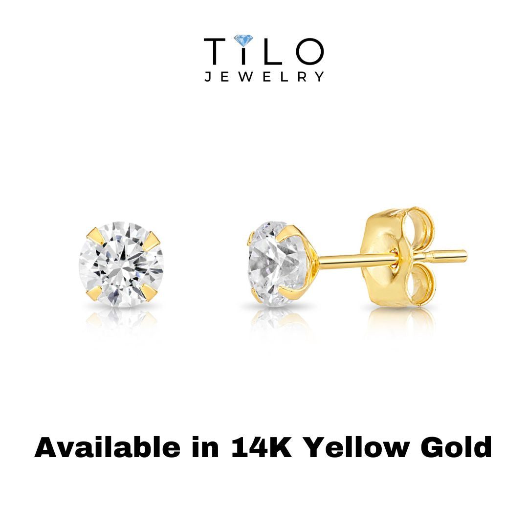 14K Yellow Gold And White Gold Stamping CZ Stud Earrings, Dainty Everyday Earrings