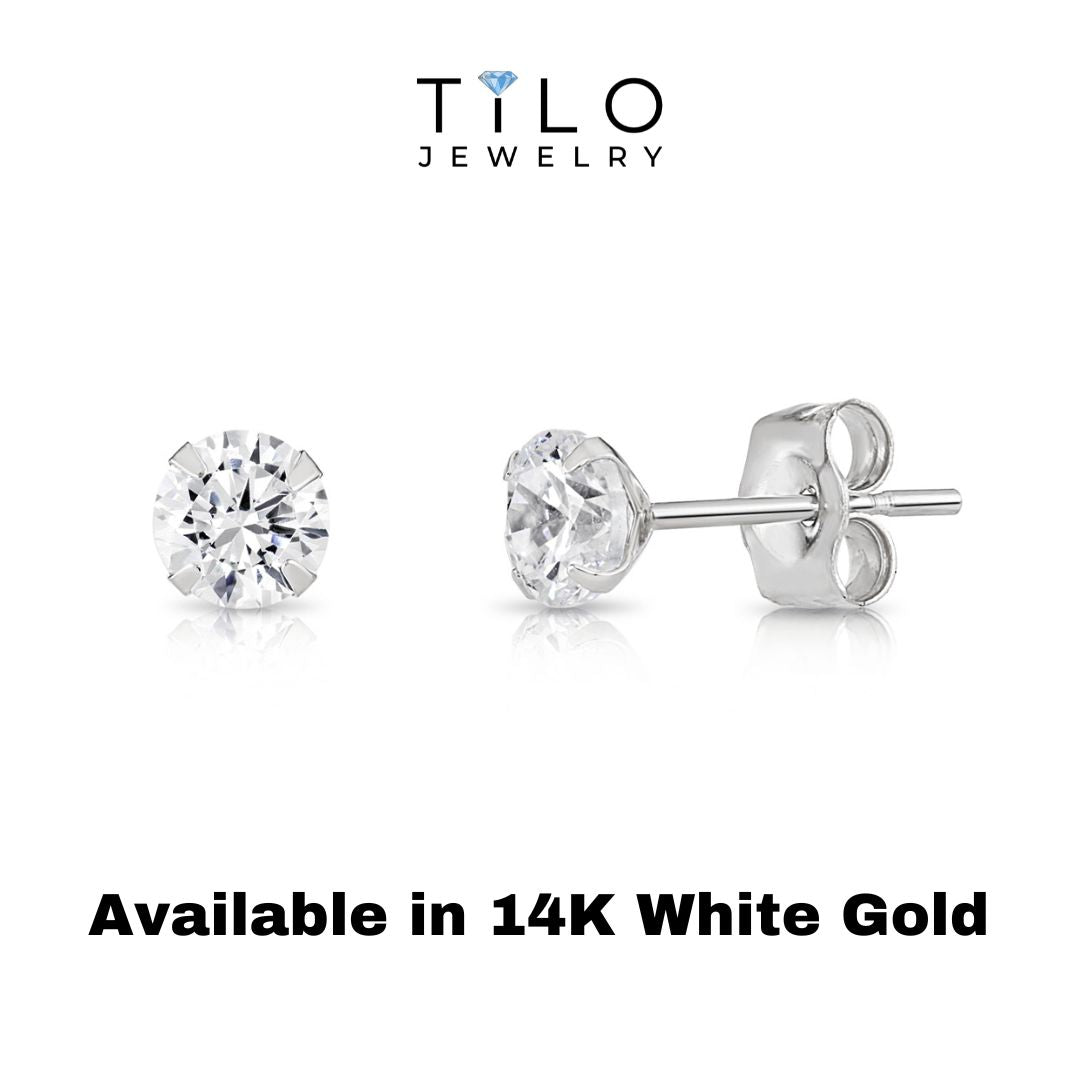14K Yellow Gold And White Gold Stamping CZ Stud Earrings, Dainty Everyday Earrings