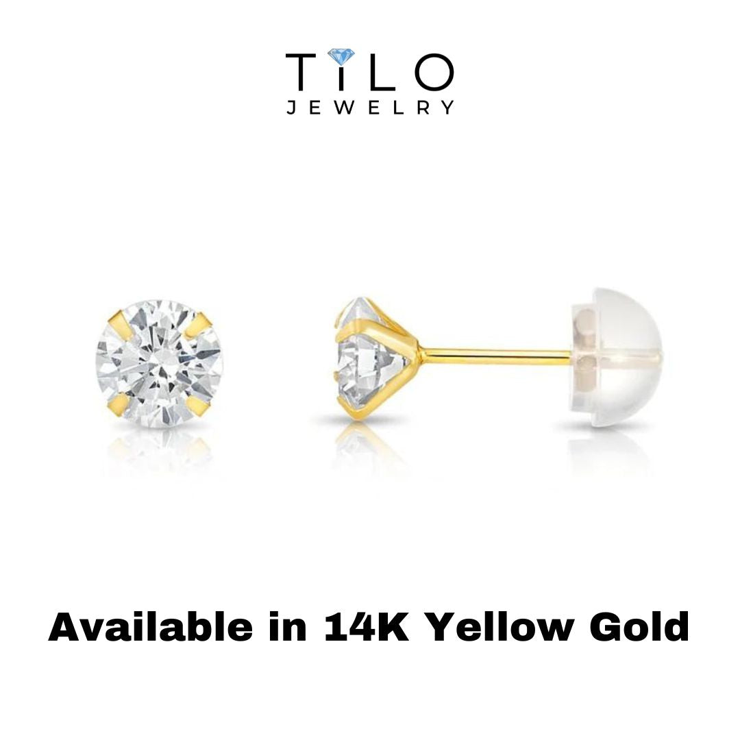 14K Yellow Gold and White Gold Zirconia Stud Earrings, Silicone Push-back, Uinisex.