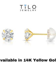14K Yellow Gold and White Gold Zirconia Stud Earrings, Silicone Push-back, Uinisex.