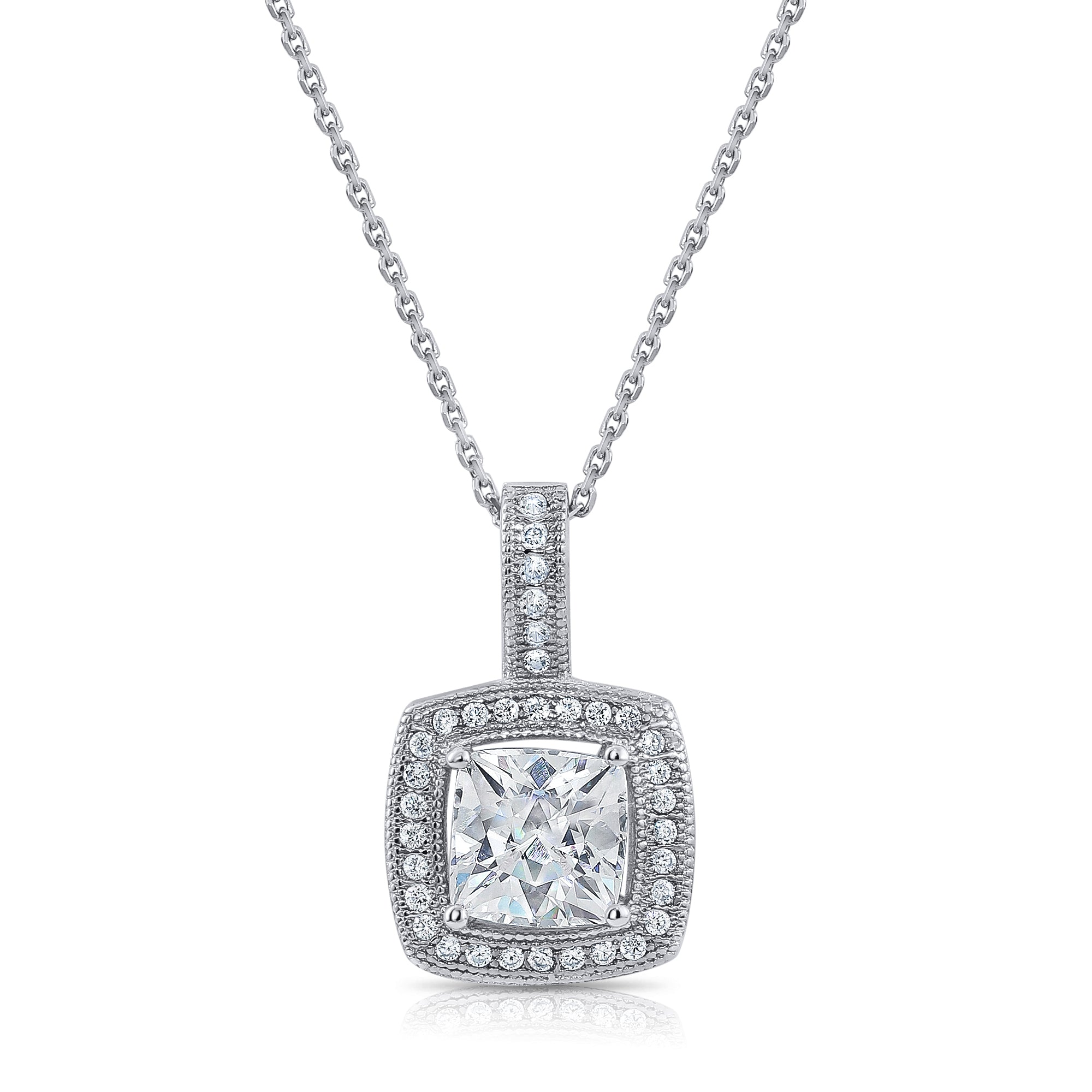 Sterling Silver Round Halo CZ Pendant Necklace