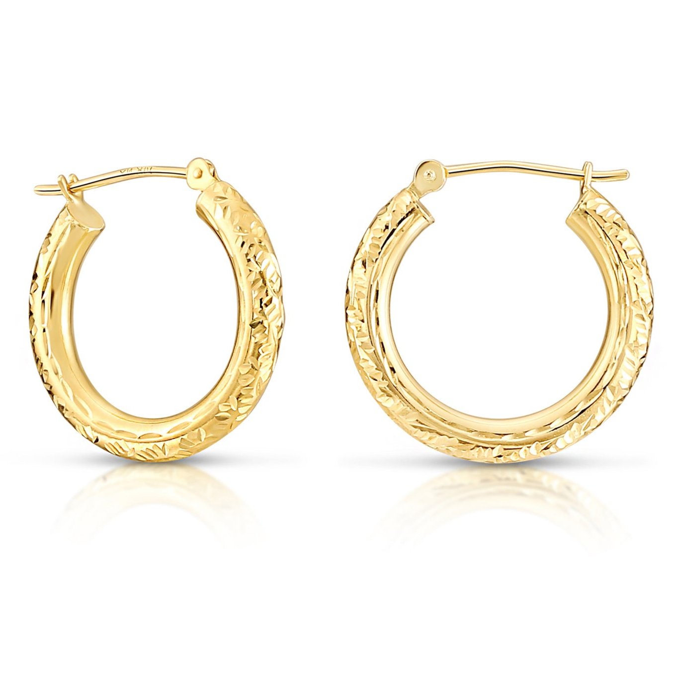 14K Solid Gold Tornado Hoop Earrings, Diamond-Cut &amp; Hand Engraved Design, 3mm Thin