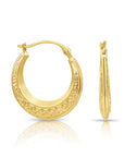 10K Yellow Gold Greek Key Curved Round Creole Hoops Earrings 18mm