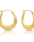 10K Yellow Gold Greek Key Curved Round Creole Hoops Earrings 18mm