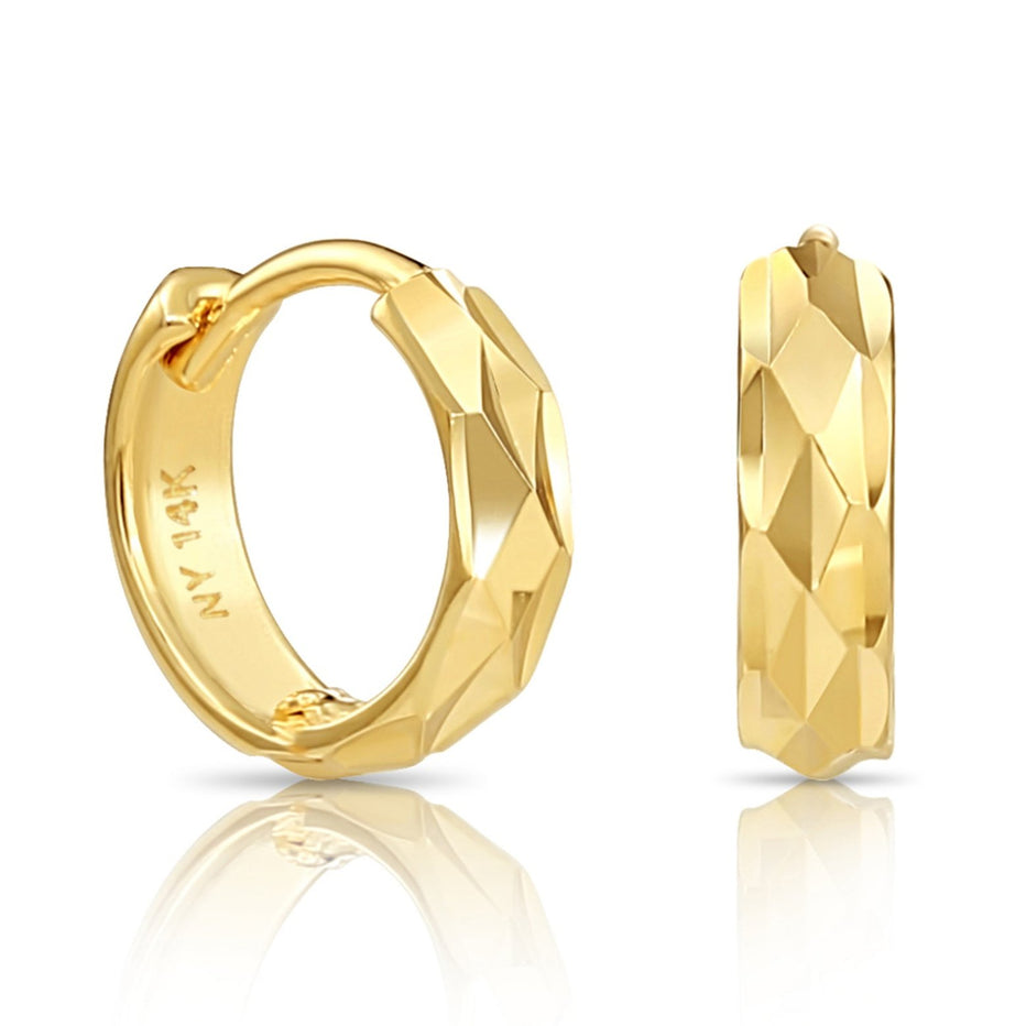 Huggies Hand Rings 14K Gold Tiny Hand Engraved Huggies Hoop Earrings, 10mm – Tilo Jewelry®