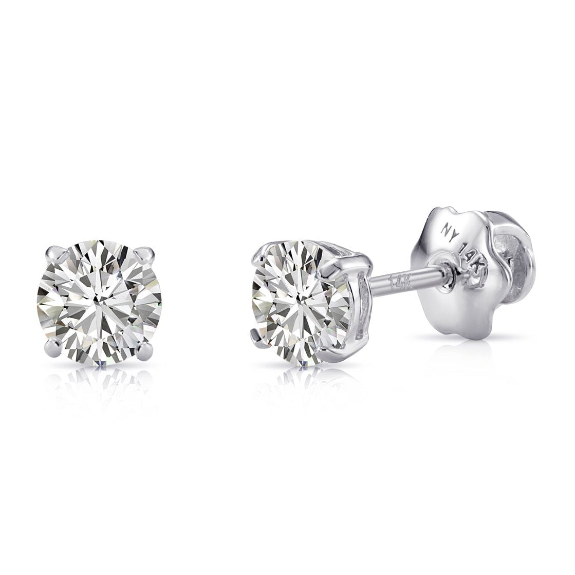 14K White Gold Round Brilliant-Cut Lab Diamond Stud Earrings, Screwback
