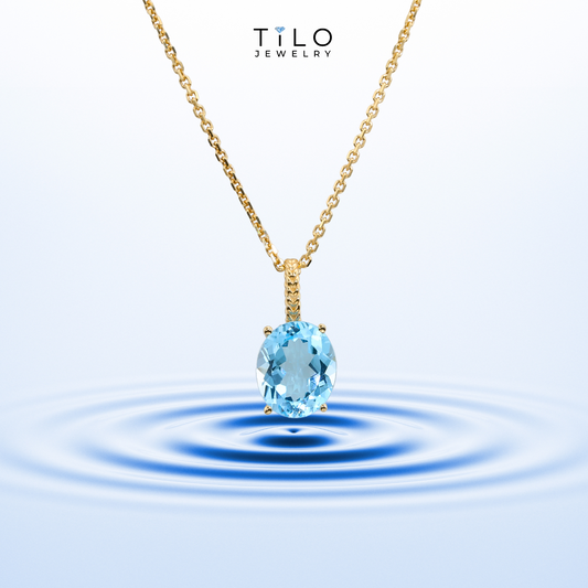 14k Yellow Gold Topaz Necklace, Brilliant Sky Blue 6 Carat Oval Shaped Topaz Gemstone Pendant, By TILO Jewelry