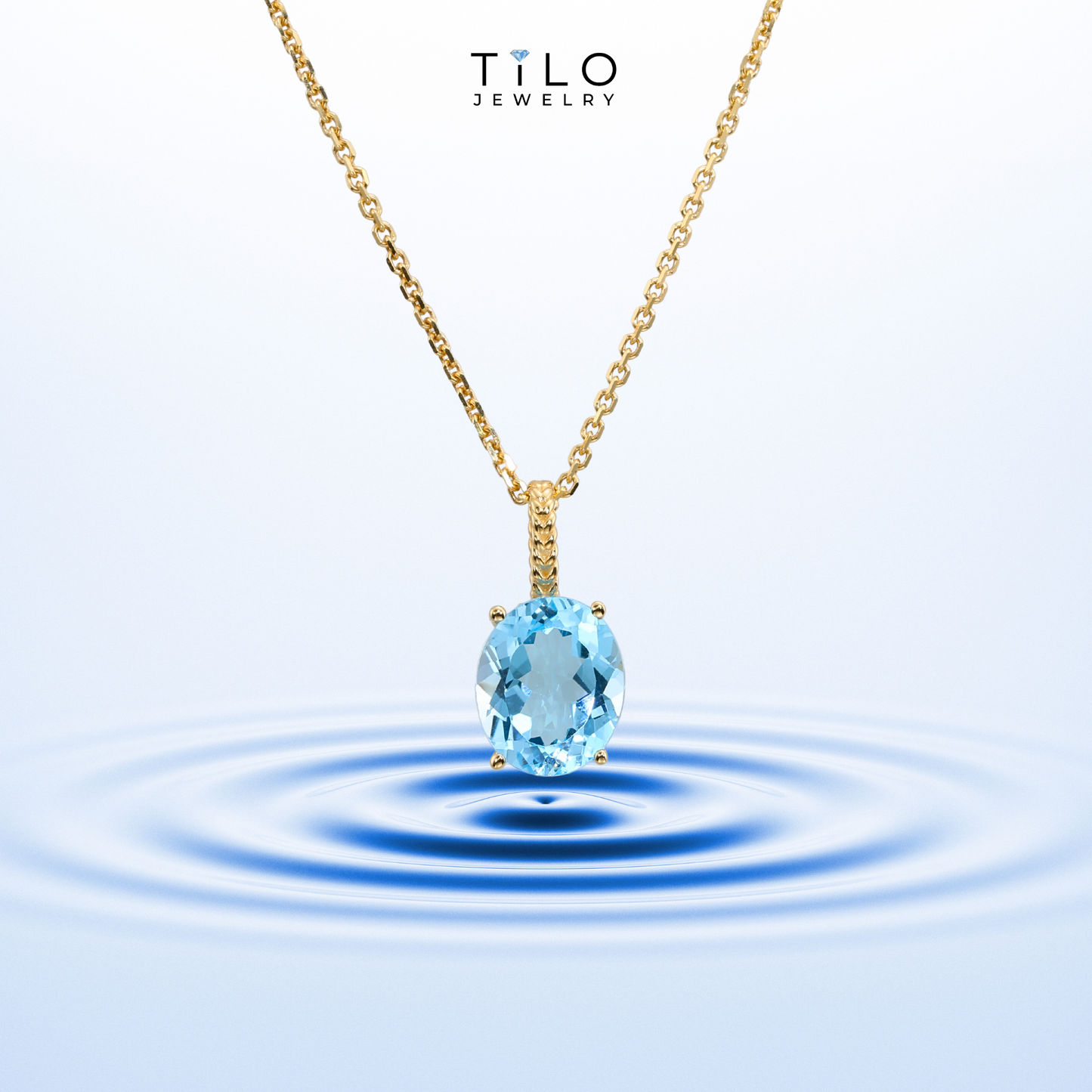 14k Yellow Gold Topaz Necklace, Brilliant Sky Blue 6 Carat Oval Shaped Topaz Gemstone Pendant