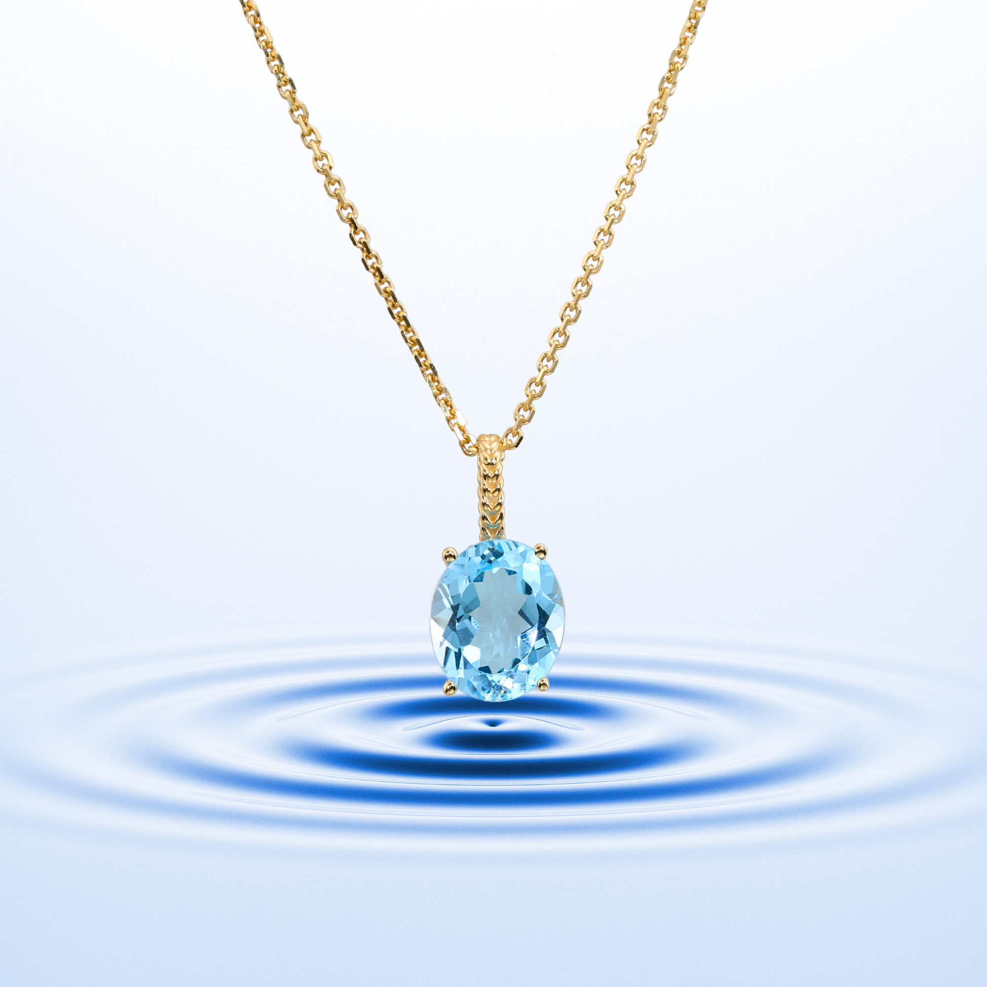 14k Yellow Gold Topaz Necklace, Brilliant Sky Blue 6 Carat Oval Shaped Topaz Gemstone Pendant