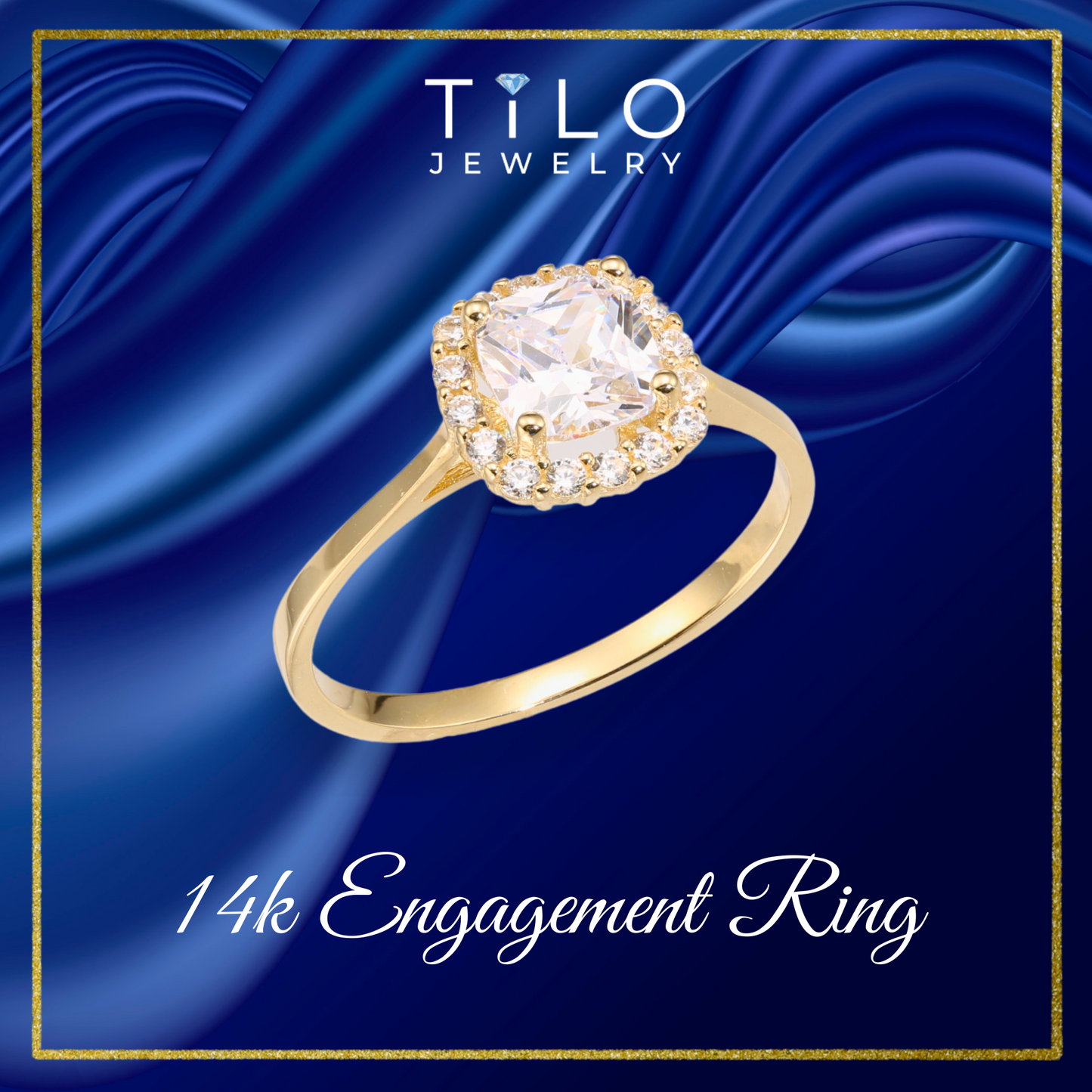 14K Yellow Gold Cushion-Cut Halo Engagement Ring, By TILO Jewelry