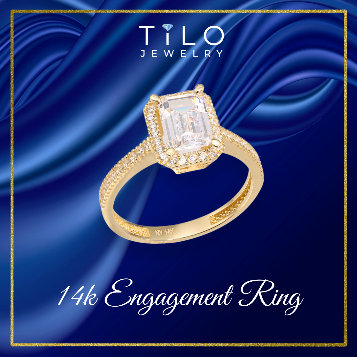 14K Yellow Gold Emerald-Cut Halo Engagement Ring With Side Stones, By TILO Jewelry