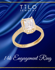 14K Yellow Gold Emerald-Cut Halo Engagement Ring With Side Stones, By TILO Jewelry