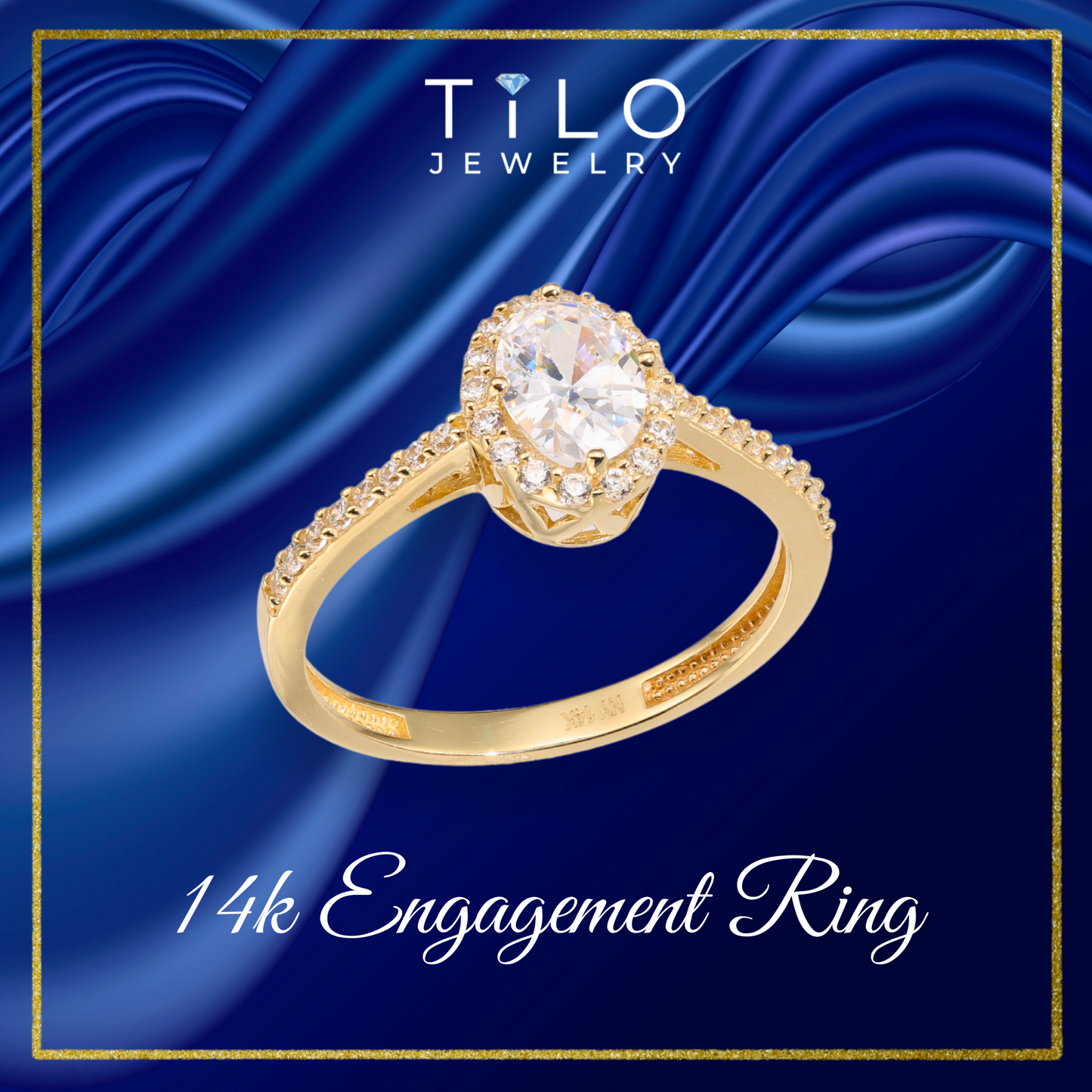 14K Yellow Gold Oval Halo 1 Carat Engagement Ring With Side Stones