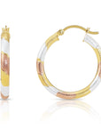 Sterling Silver Three-tone Diamond-cut Round Hoop Earrings, 25mm