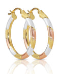 Sterling Silver Three-tone Diamond-cut Round Hoop Earrings, 25mm