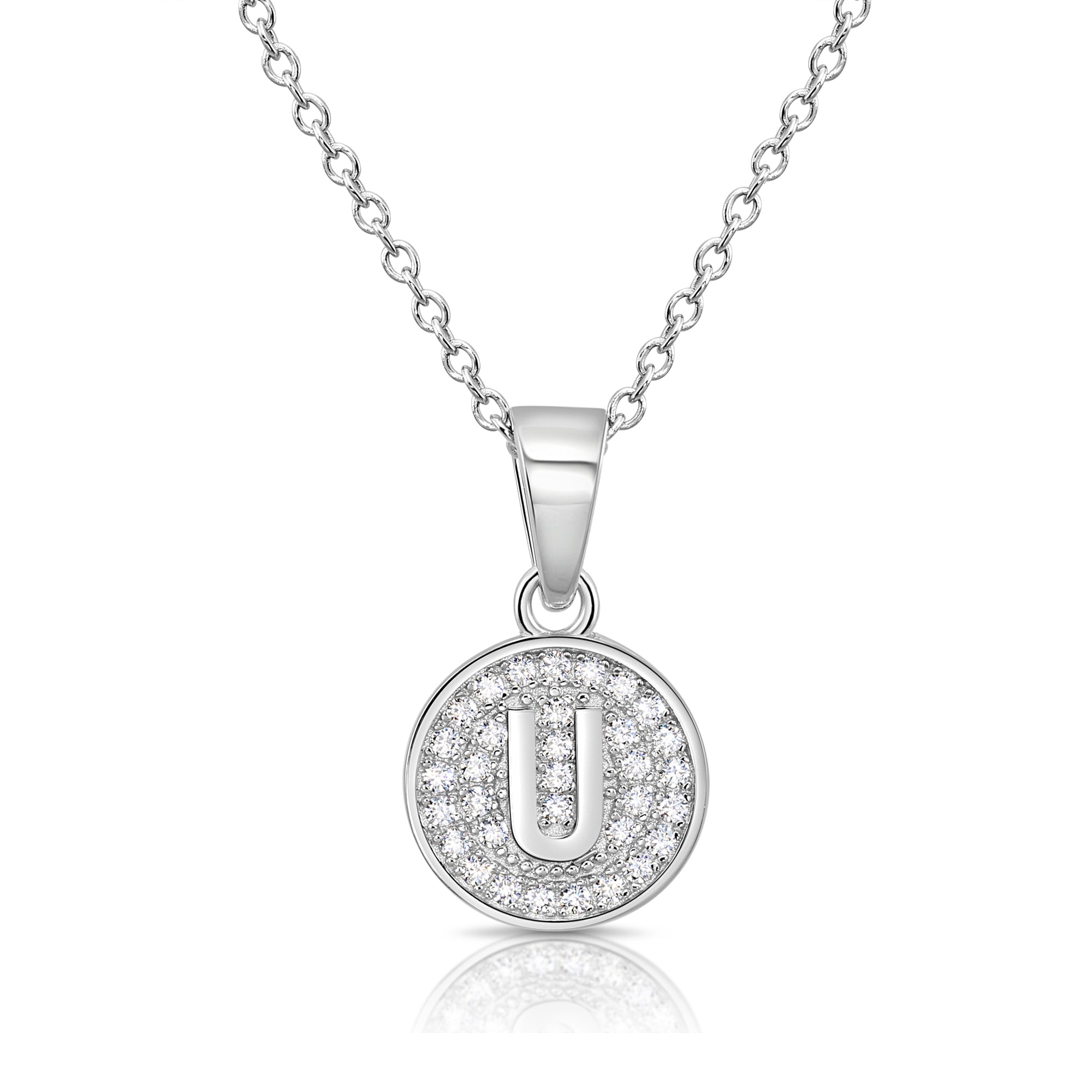 CZ Initial Round Charm Necklace (Letters A-Z) 16&quot; 18&quot; in Sterling Silver