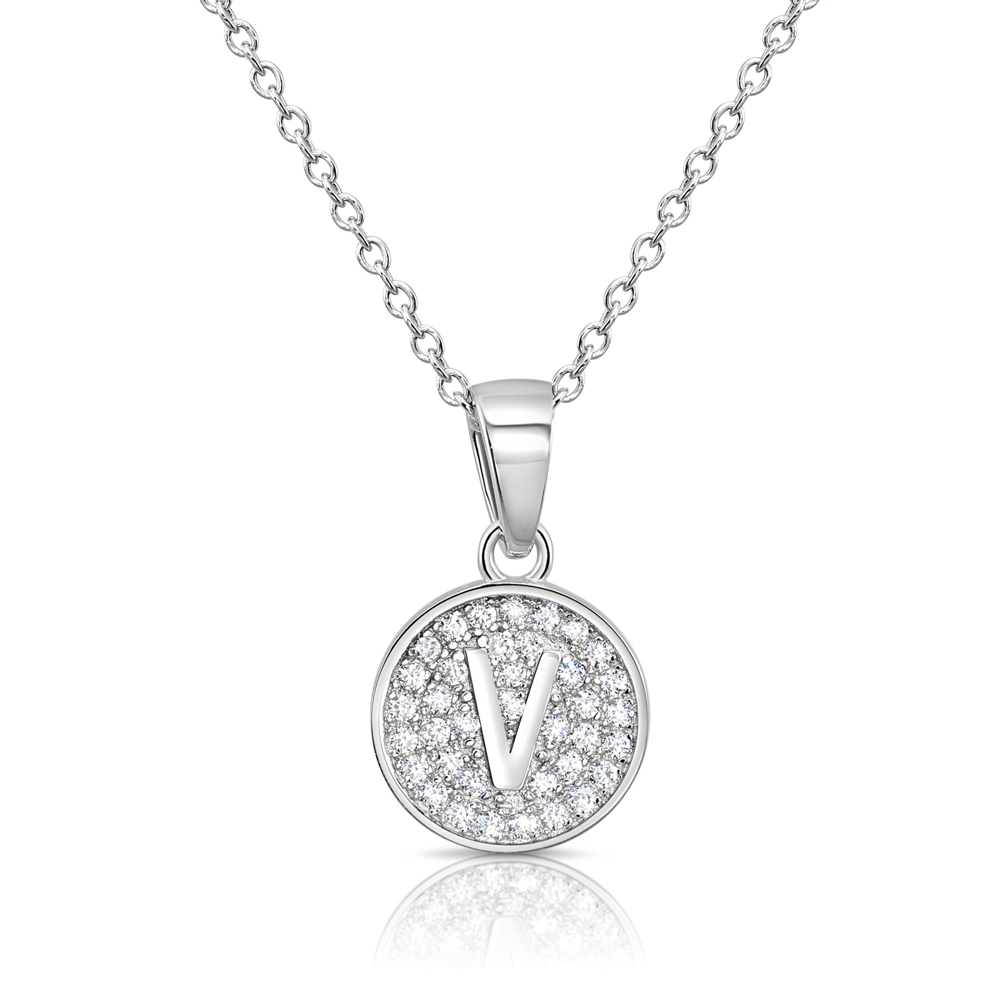 CZ Initial Round Charm Necklace (Letters A-Z) 16&quot; 18&quot; in Sterling Silver