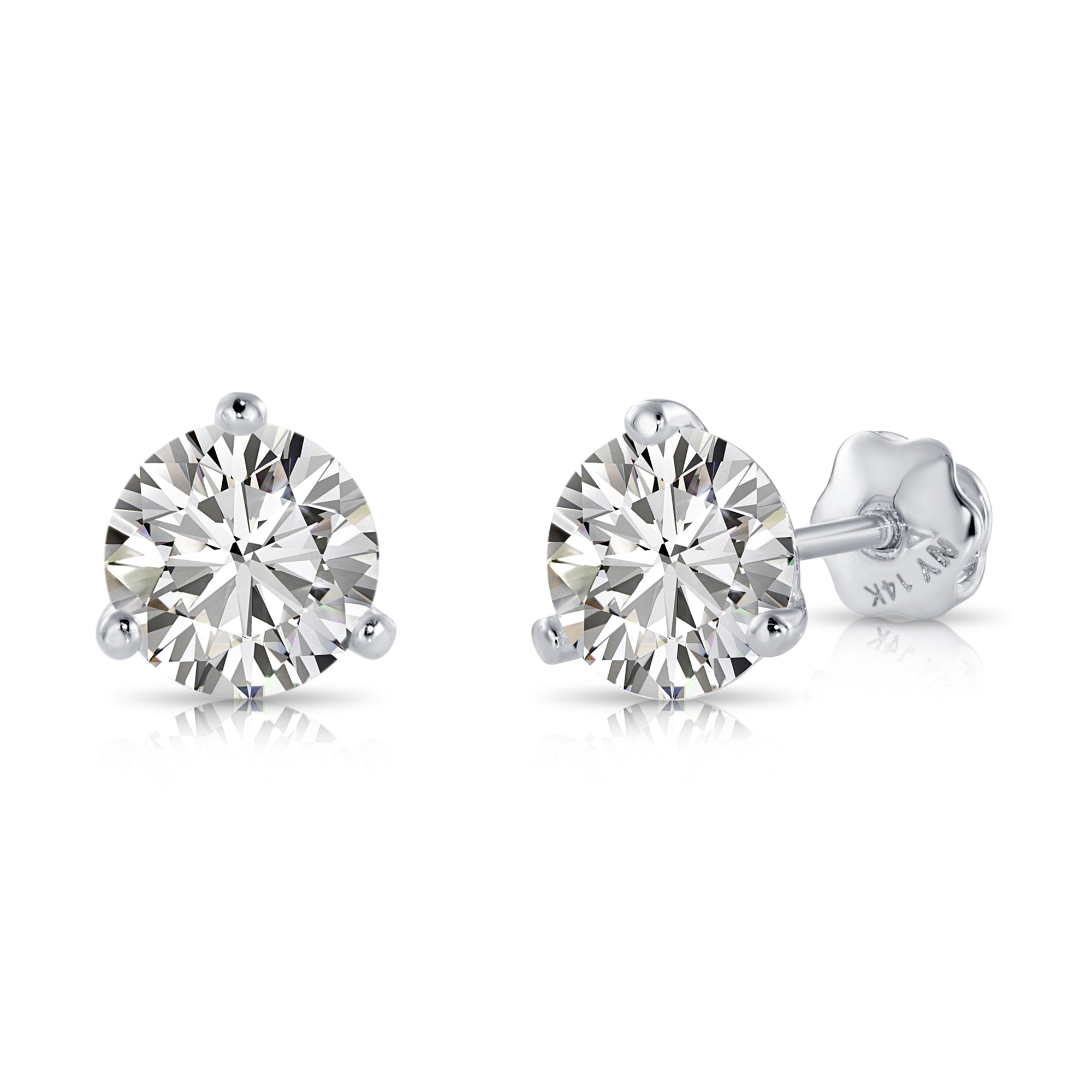 14K White Gold Brilliant-Cut Lab Diamond Studs, Classic Martini 3-Prong Setting, Screwback