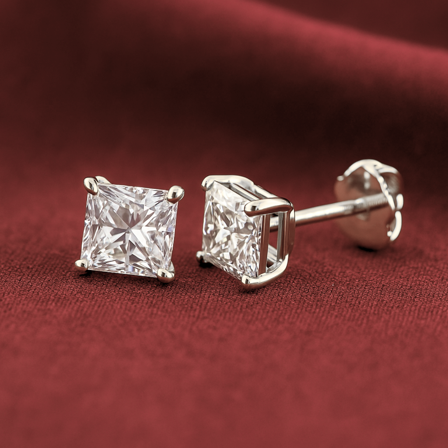 14K White Gold Lab Diamond Princess-Cut Stud Earrings, Screwback
